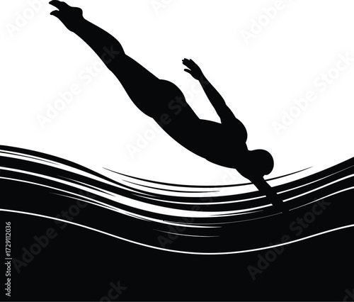 Black silhouette diver plunging into water diving white
