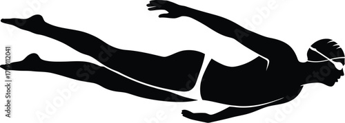Black silhouette of a swimmer in motion swimming white