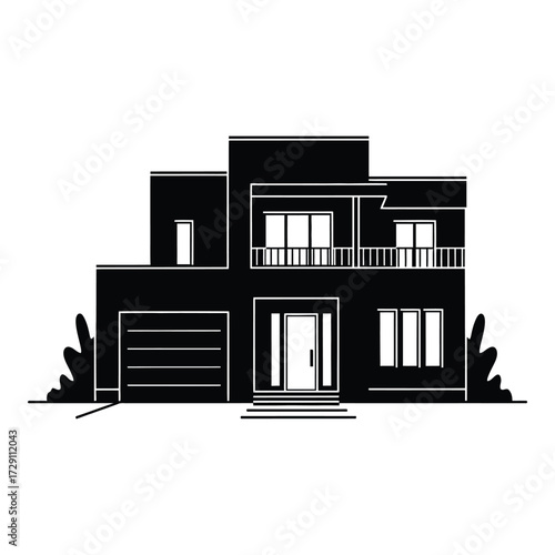 Modern black silhouette house exterior with garage and balcony for real estate silhouette