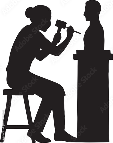 Silhouette of a female sculptor working on a bust with hammer and chisel on a stool