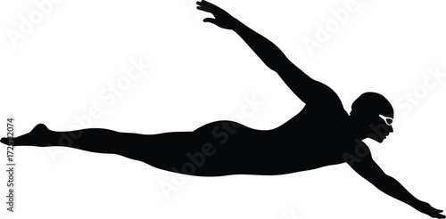 Black silhouette of swimmer in motion white water