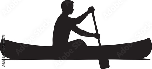 Silhouette of a man paddling a canoe on a calm body of water isolated on white