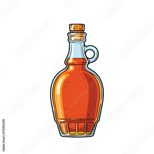 A glass bottle filled with golden syrup or honey.