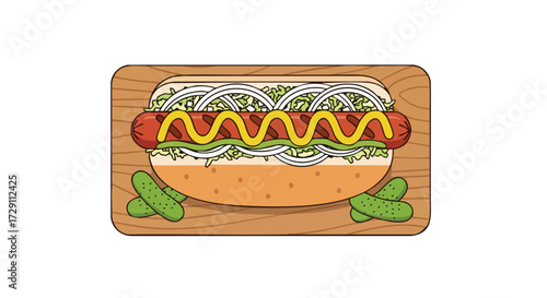 Delicious Vector Illustration of a Gourmet Hot Dog on a Wooden Platter