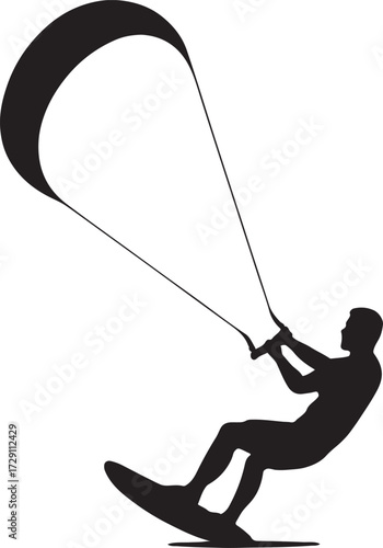 Silhouette of a person kitesurfing on a surfboard with a large kite in the sky