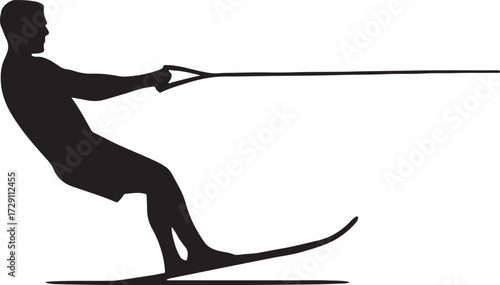 Silhouette of a person water skiing being pulled by a boat across a calm body of water