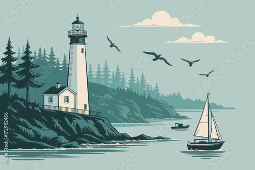 Coastal Lighthouse Illustration with Sailboat and Forest Scenery Calm Ocean View Peaceful Seaside Retreat Graphic Artwork