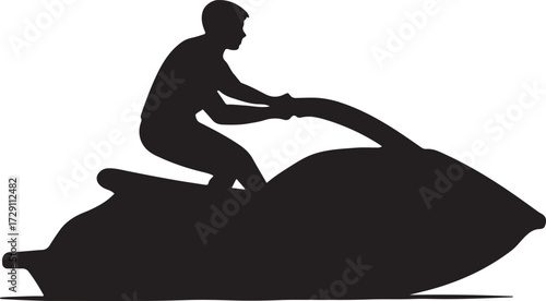 Silhouette of a person riding a jet ski on a white background representing water sports and summer fun