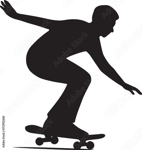 Silhouette of a skateboarder performing a trick on a white background