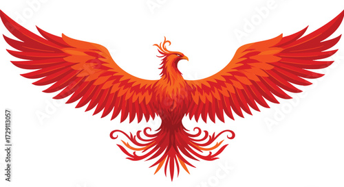 Vibrant Phoenix Spreading Wings Against White Background Symbol of Rebirth