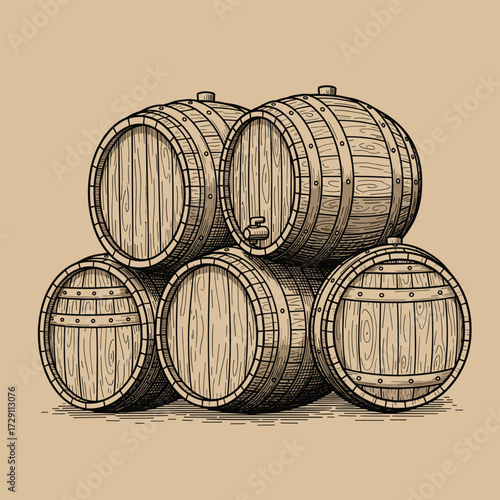 A vintage stack of wooden barrels.