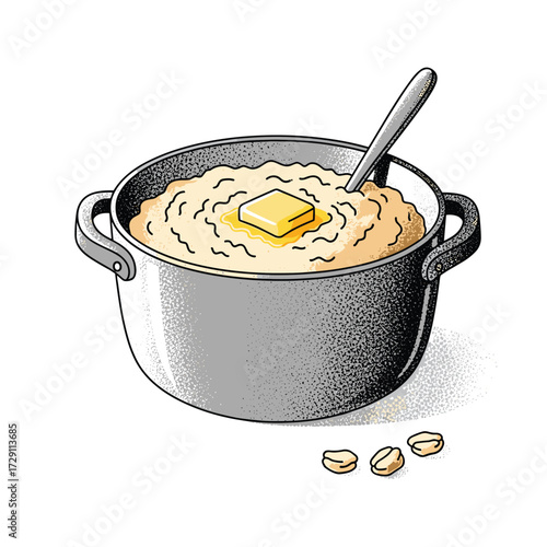 A warm bowl of porridge with butter and oats. 