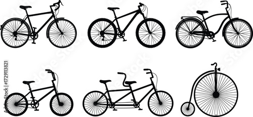 Bicycle vector illustration collection with vintage bike, mountain bike, road bike, tandem bicycle, BMX bike, and penny farthing design set.