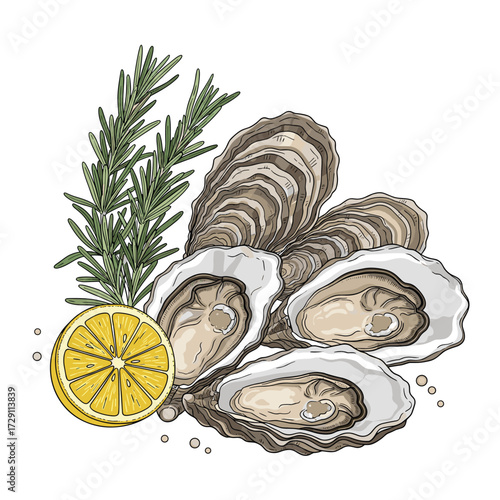 Fresh oysters with rosemary and lemon slice.