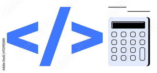 Blue coding brackets and a digital calculator emphasizing programming, mathematics, and logical applications. Ideal for software development, coding education, tech solutions, innovation