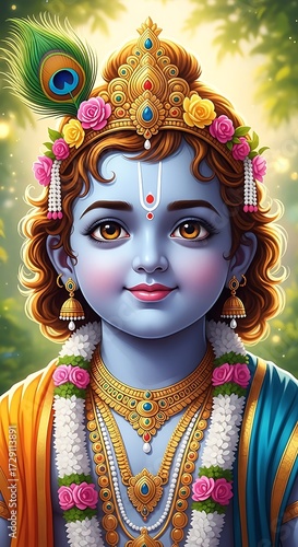 A captivating portrait of lord krishna adorned with jewelry and a peacock feather
