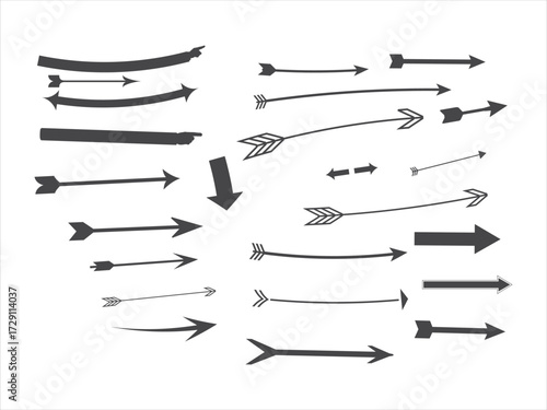 This image showcases a variety of arrow designs. They vary in thickness, style (some with feathered tips, others simple lines), and direction. Some are thin and elongated, while others are bold 