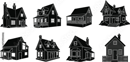 Collection of black silhouette house icons, modern and vintage residential buildings, vector isolated home illustrations for real estate and design.