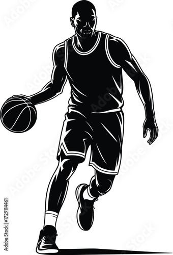 Basketball player dribbling black silhouette black and white