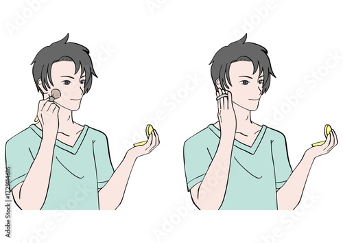 コンパクトミラーでメイクをする男性のイラストセット