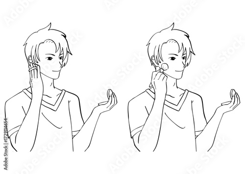 コンパクトミラーでメイクをする男性の白黒イラストセット