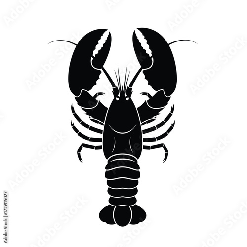 A bold black silhouette of a clawed crustacean stands upright with pincers raised.