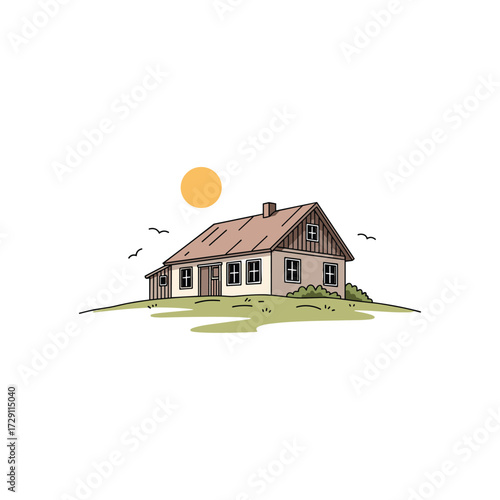 A simple rural home under a bright sun. 