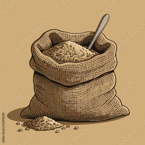 A sack full of textured granular material with a spoon.