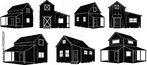 Collection of rustic wooden house and barn vector illustrations featuring cabins, farmhouses, cottages, porches, sheds, rural lodges, and country homes.