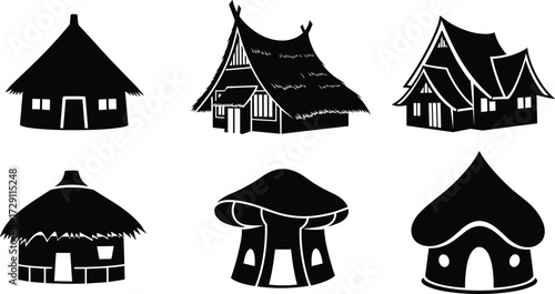 Collection of traditional and fantasy house silhouettes, including tribal huts, thatched roof homes, Asian architecture, and mushroom-shaped cartoon cottages.