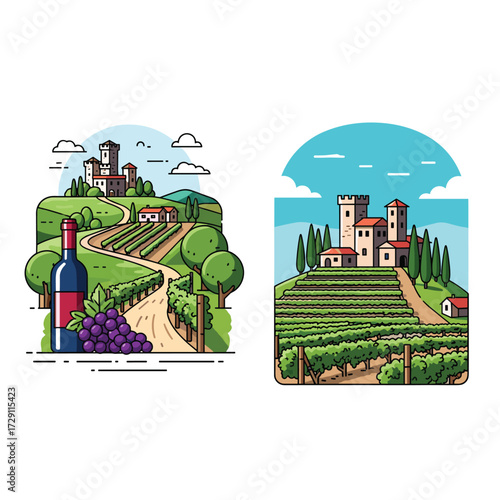 Picturesque vineyard landscapes with rolling hills and ancient castles.