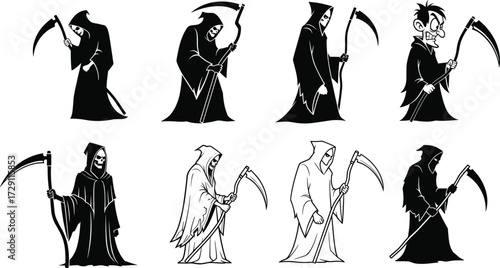 Grim reaper cartoon vector illustration set with hooded skeleton, scary death character, spooky scythe, Halloween horror fantasy dark design.