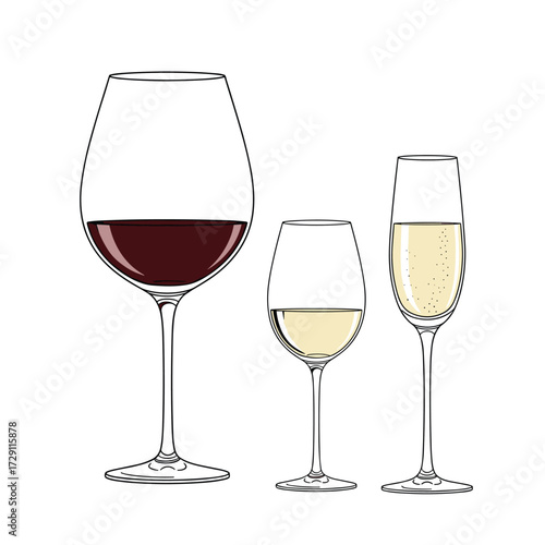 Three glasses of wine and champagne.