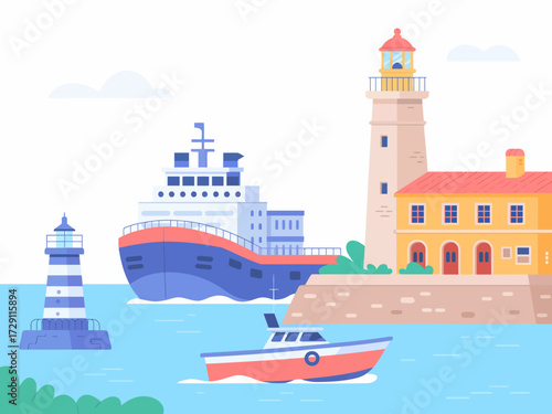 Seascape with Lighthouse and Ships Vector Illustration Nautical Adventure and Coastal Scenery Depicting Maritime Transport and Navigation Guidance on the Sea