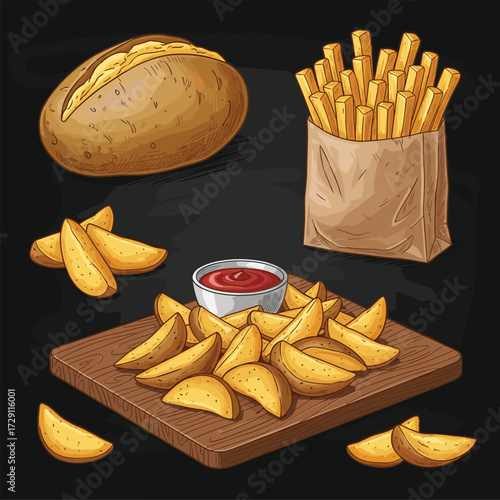 A variety of potato dishes including baked potato french fries and potato wedges.
