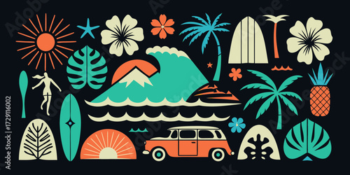 Retro tropical summer vacation scene with surfer girl palm trees and vintage car