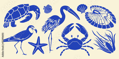 Collection of blue marine life silhouettes including a turtle crab birds starfish and seashells on a cream background