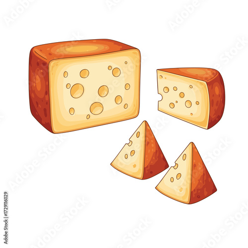 A block of swiss cheese with three wedges cut from it.