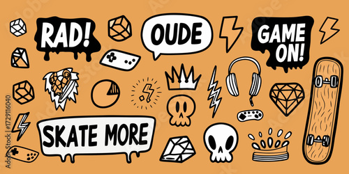 Collection of cool doodle icons and phrases including rad game on skate more and oude with skulls and skateboards