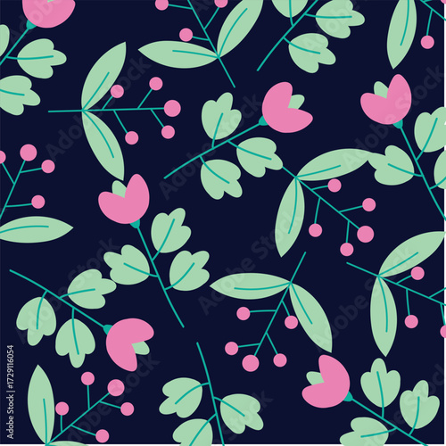 Seamless Floral Pattern with Pink Flowers and Green Leaves on Dark Background 