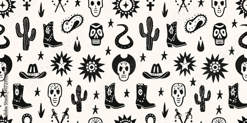 Whimsical black and white western pattern with skulls cacti cowboy boots and stars