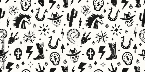 Whimsical western doodle pattern featuring horses skulls cacti and boots