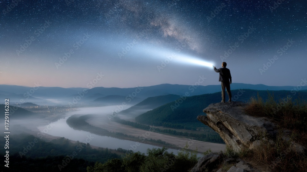 Obraz premium Exploring the night sky stargazing adventure in nature river valley photography scenic view cosmic wonder