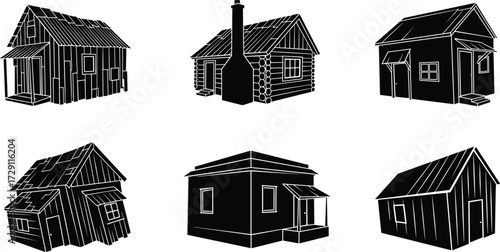 Rustic wooden house silhouette vector illustration set featuring simple cabins, barns, cottages, sheds, huts, rural lodges, and countryside homes.
