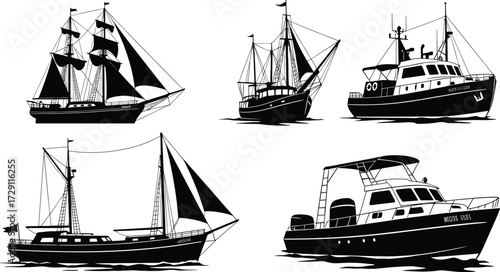 Sailing ship and fishing boats, motor yachts and schooners, maritime vessel silhouettes for transport, travel, and nautical design.