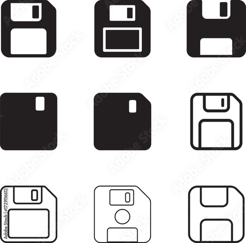 Floppy Disk Save Icon Set, Digital File Screen Document Page Save Silhouette Vector Illustration Bundle for UI and Web
