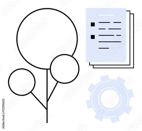Minimalist tree diagram near stacked documents and a gear, symbolizing growth, planning, and optimization. Ideal for teamwork, business strategy, education, productivity, creativity sustainability