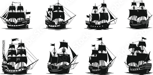Set of antique sailing ship silhouettes with full sails and flags, ideal for pirate, naval, and maritime history illustrations.
