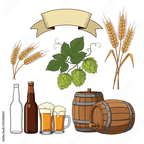 A collection of elements used in brewing beer including hops grains bottles and barrels.