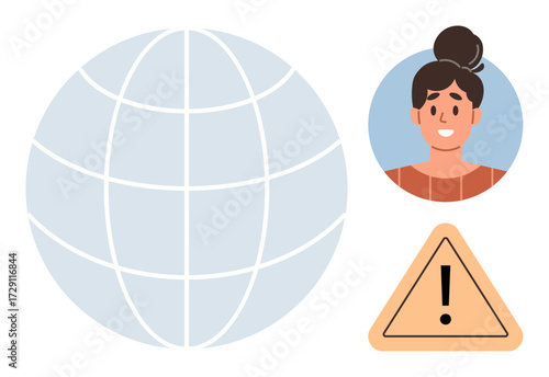 Globe symbolizes worldwide connection, portrait represents a person, and warning triangle suggests caution, risk. Ideal for global communication, cybersecurity, awareness, internet safety, data